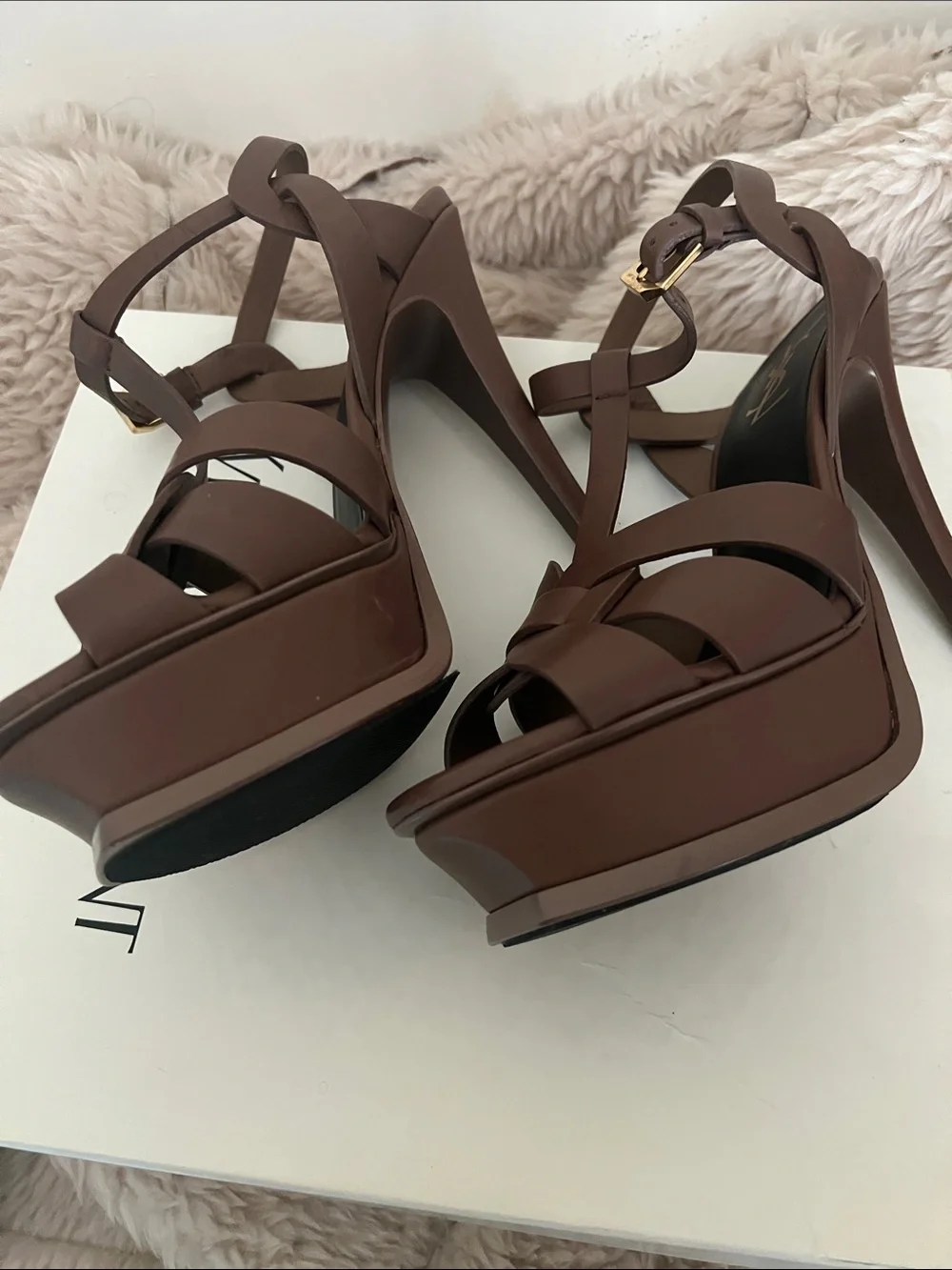 Yves Saint Laurent Brown Leather Knotted Platform Heels with Gold Logo - Picture 5 of 8